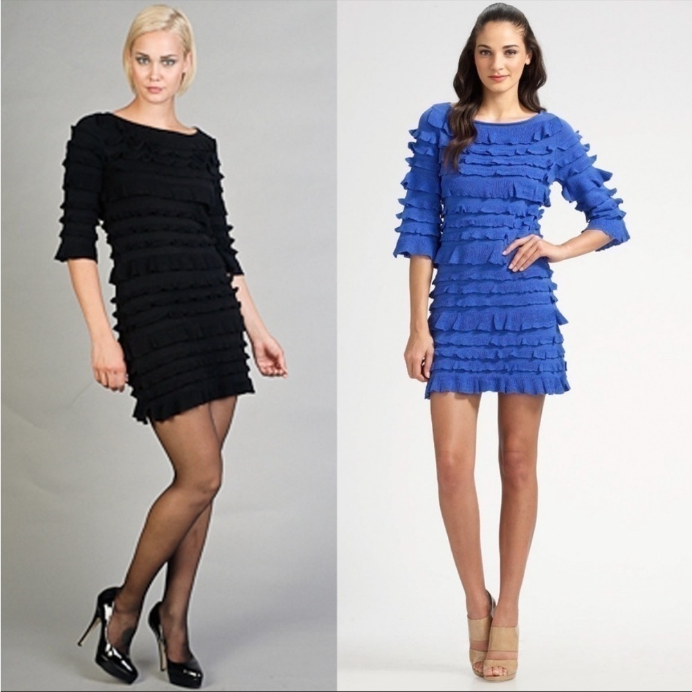 Nicole Miller Studio One Black Ruffle Knit Sheath Dress Size S